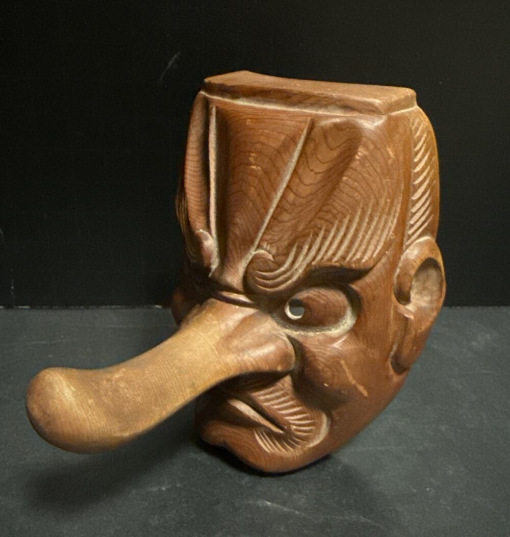 Tengu Mask Japanese Antique Wood Carving Wooden One Stroke Carving